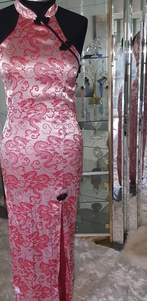 Silver & Red Dragon covered silk full length dress
